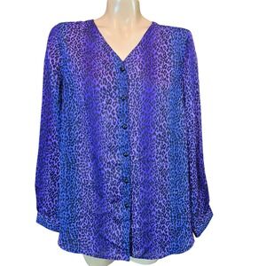 Bob Mackie Leopard Print Button Up Blouse Purple Black Long Sleeve Size Medium